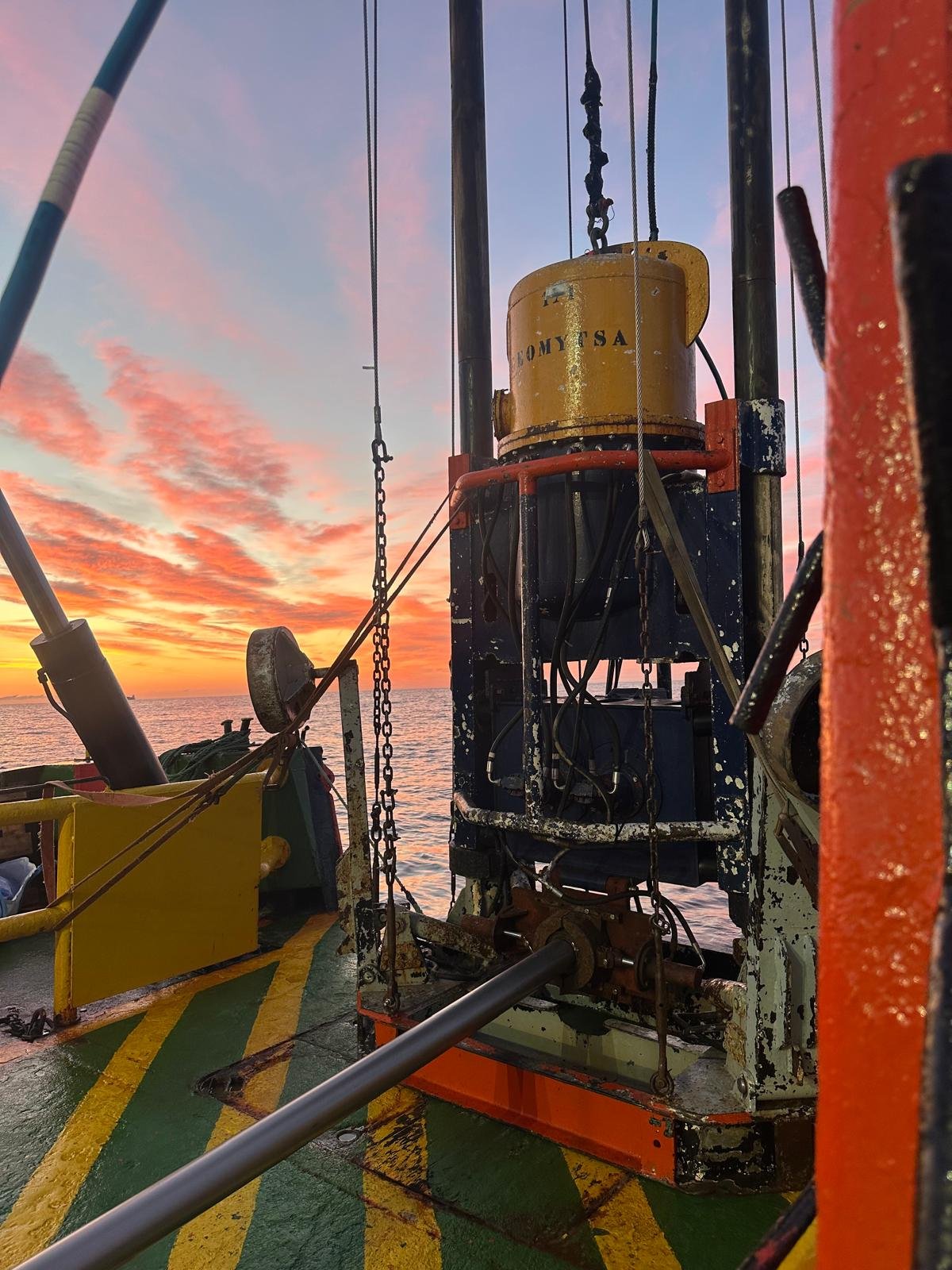 Geomytsa vibration equipment on the vessel deck at sunset