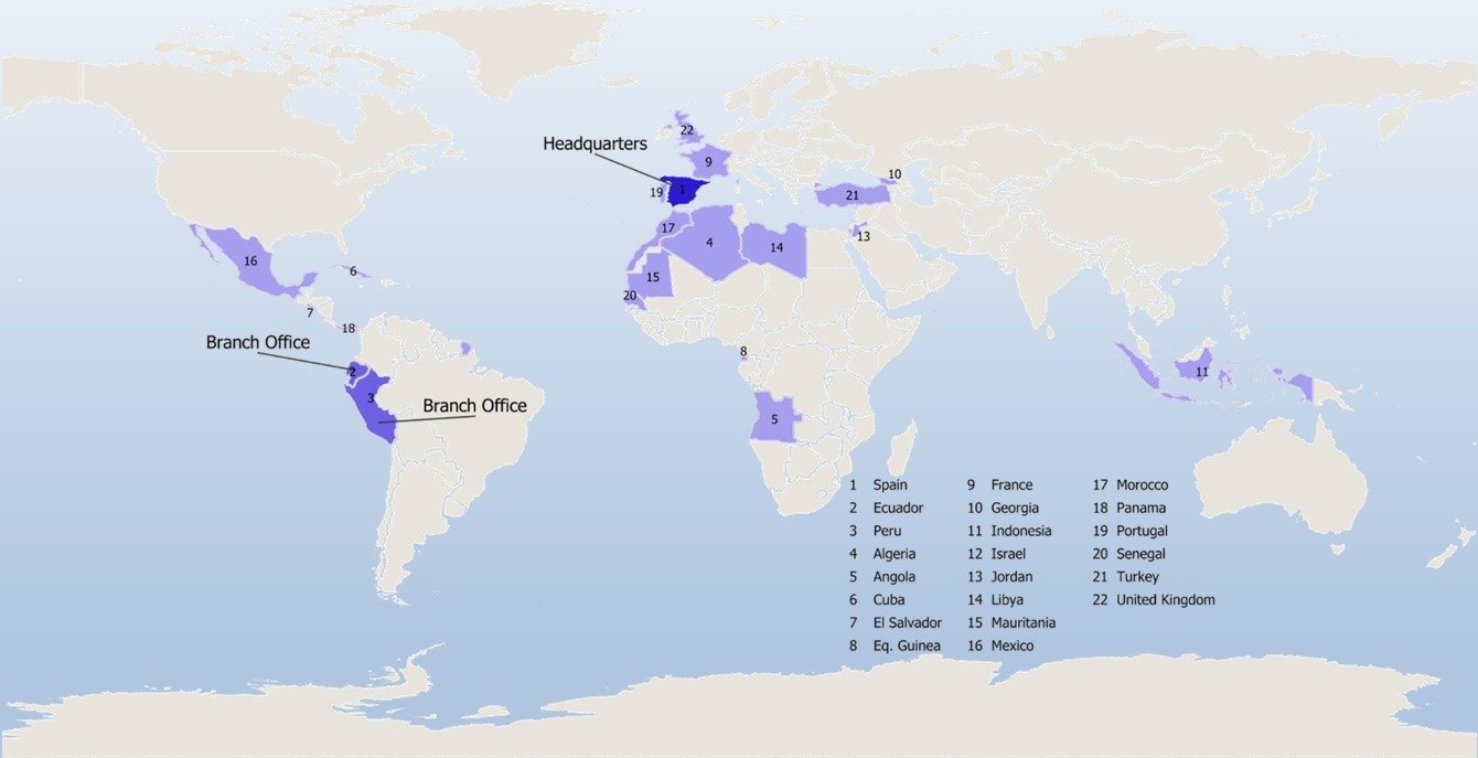 Map of the countries where Geomytsa has worked: headquarters in Spain, branch office in Ecuador and projects in 22 countries